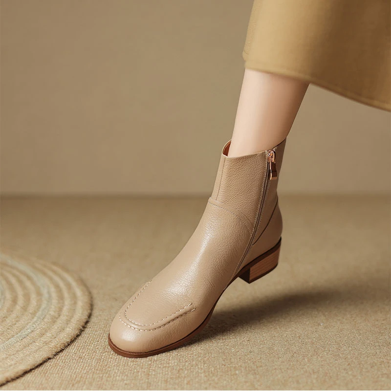 断码清仓羊皮小短靴女春秋单靴真皮方头小皮靴女粗跟百搭女靴软皮