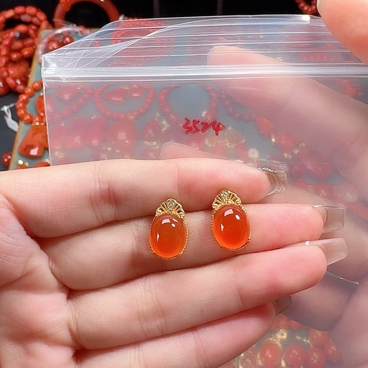 南红玛瑙银S925镶嵌耳饰