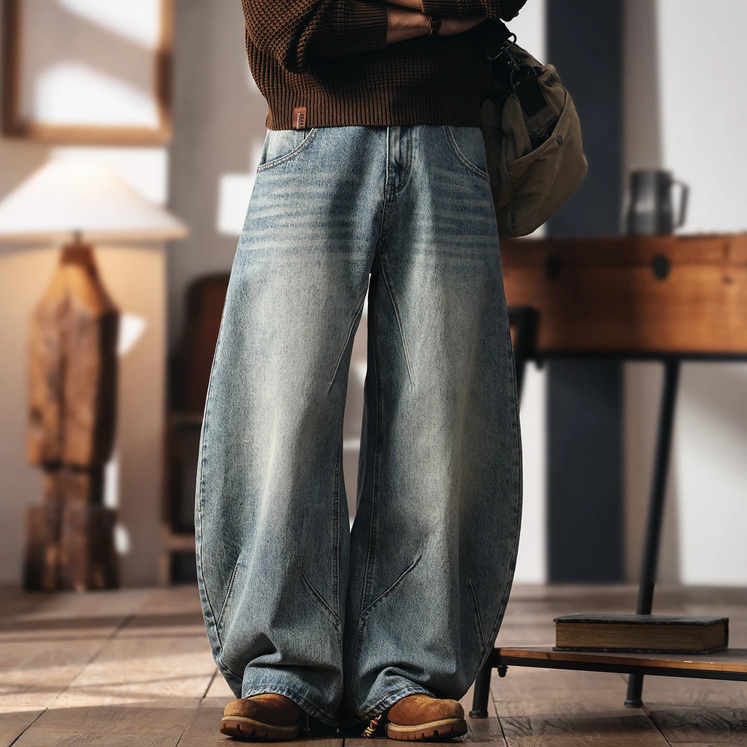 格蓝鹿美式复古潮牌弯刀裤子男宽松夏季新款高街阔腿直筒牛仔裤男