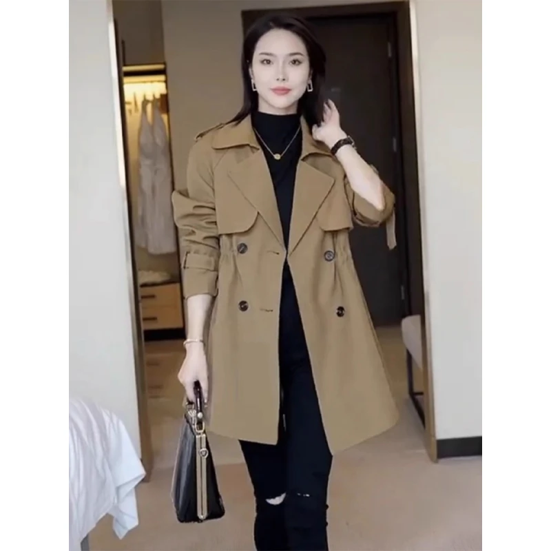 拉夏贝尔气质中长款风衣外套女2025秋季新款英伦风双排扣收腰大衣