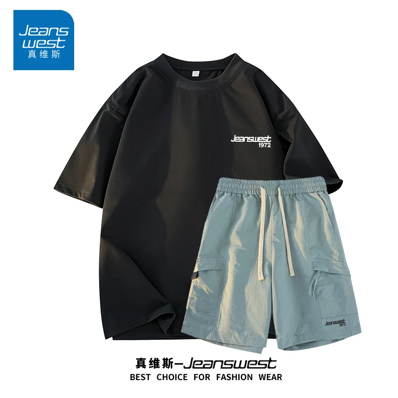 真维斯男生休闲运动套装夏季冰丝工装短裤纯棉短袖两件套情侣衣服