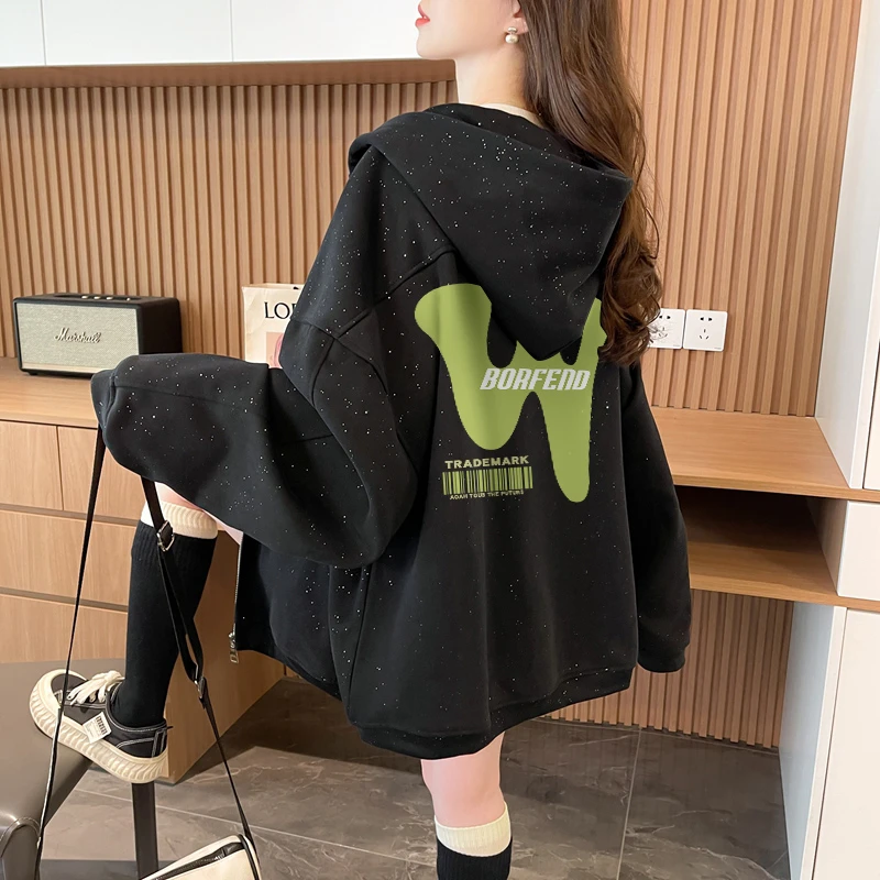 宽松oversize亮闪闪卫衣外套女秋冬时尚韩版大码减龄连帽开衫上衣