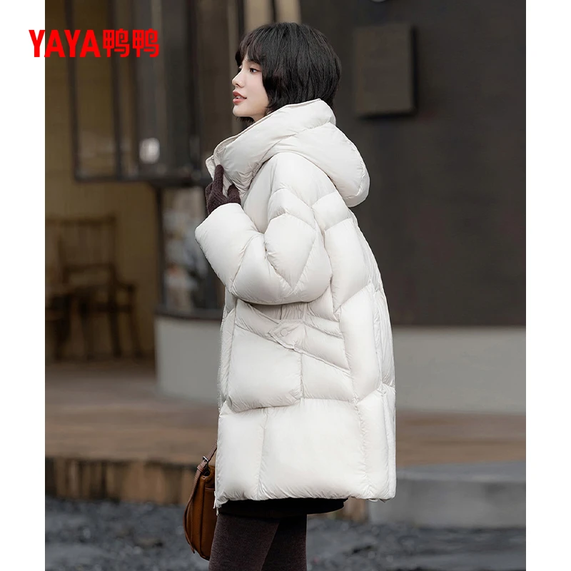 YAYA/鸭鸭中长款羽绒服女2024年冬季新款时尚潮流百搭连帽外套女