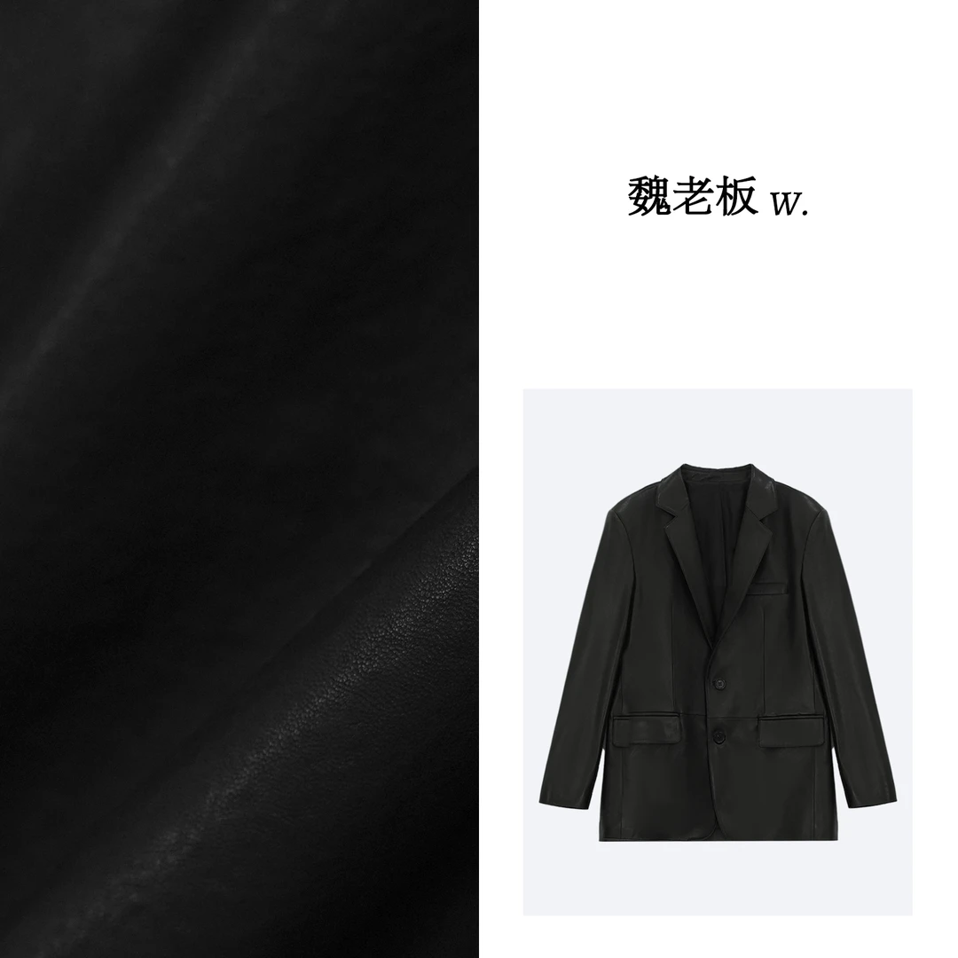 W.Diva【梦里寻它】春季时尚绵羊皮V领廓形西装皮衣外套1CDM11060