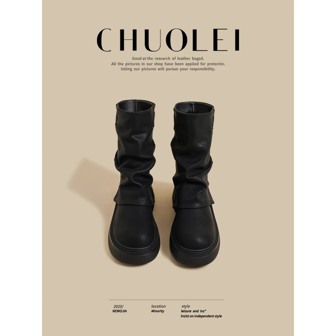 2025秋冬季新款厚底骑士短靴女黑色堆堆褶皱裤管靴增高英伦马丁靴