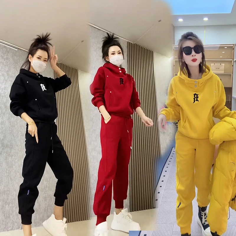 欧洲站韩版时尚宽松显瘦百搭女秋冬加绒连帽卫衣刺绣休闲运动套装