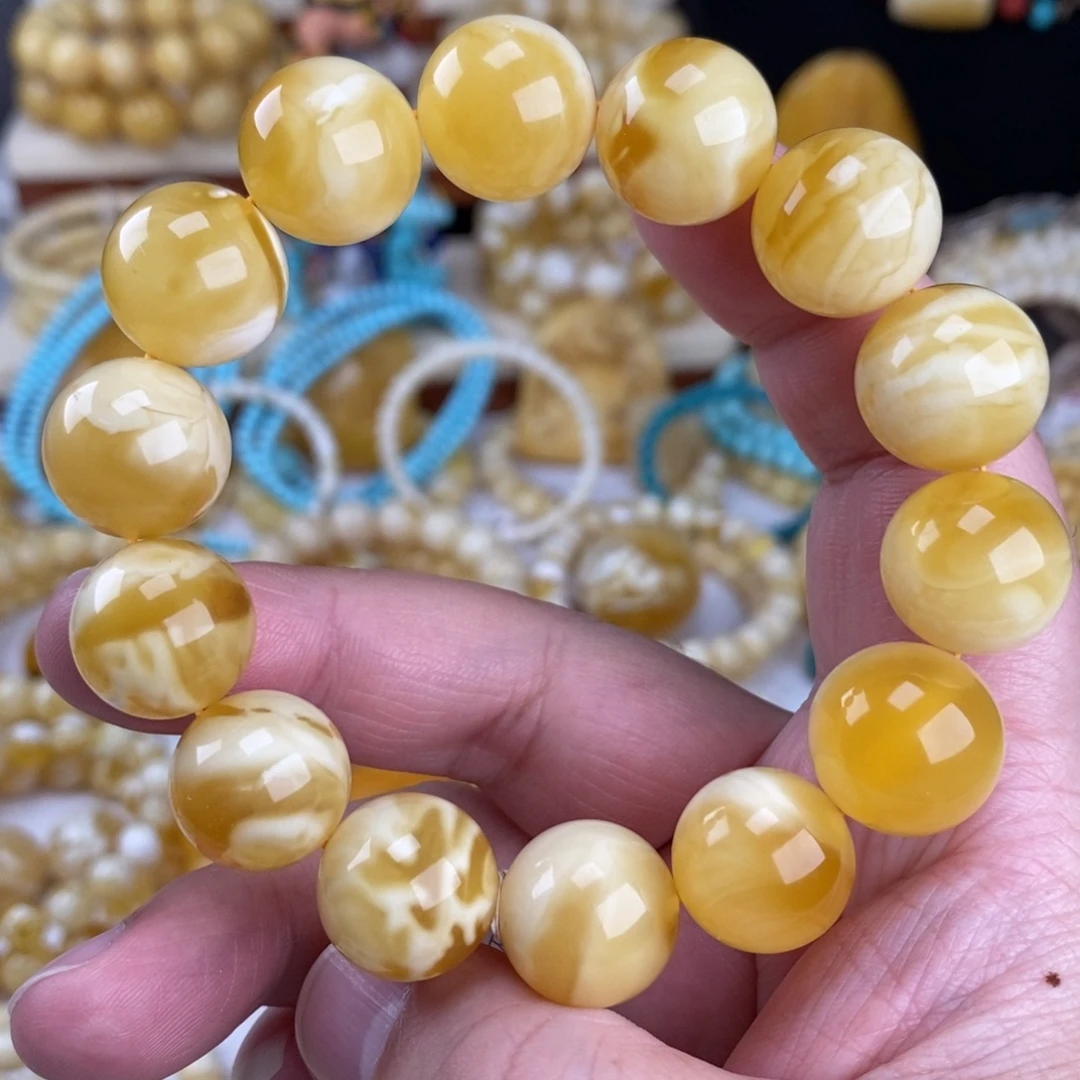 蜜蜡未镶嵌手链瓷白溶洞妖花16mm圆珠