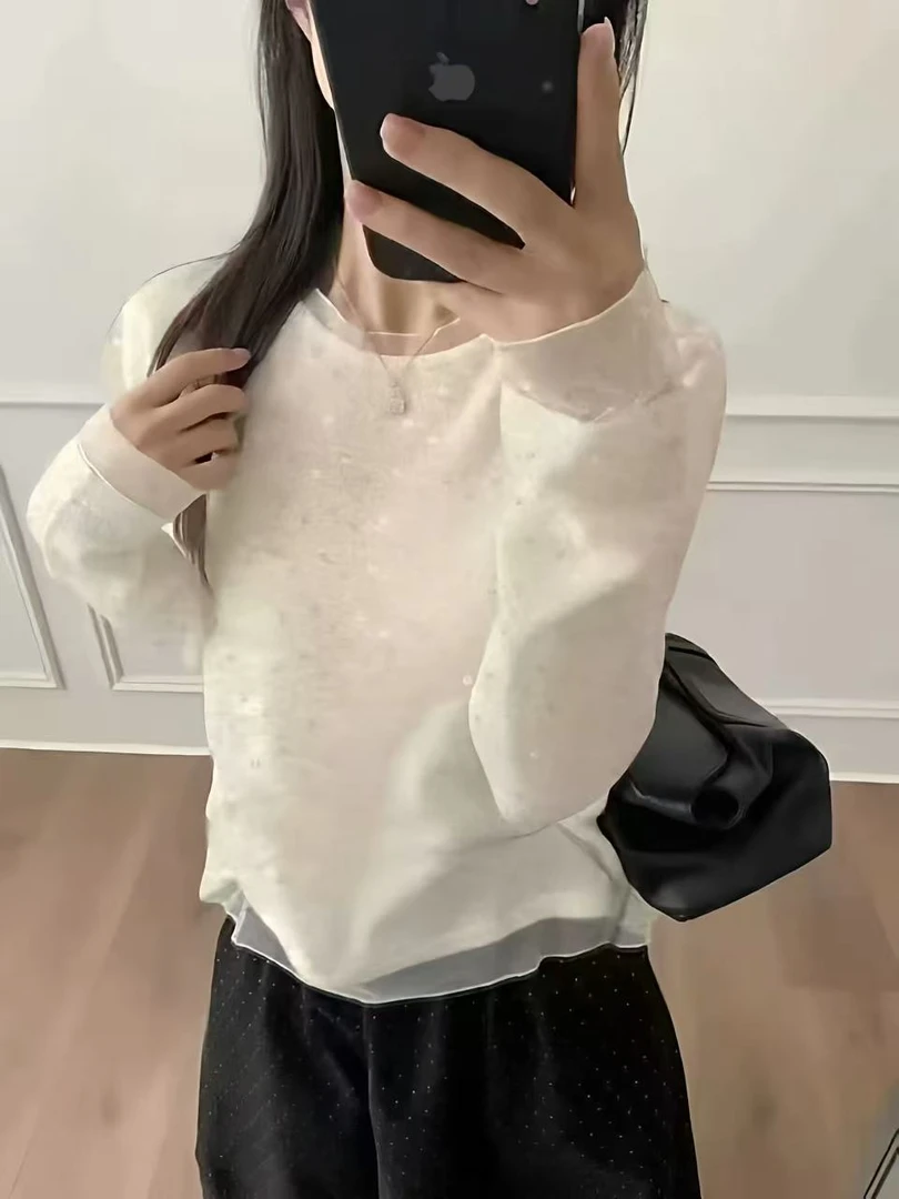 [麦霓定制]气质洋气网纱拼接亮片上衣2739