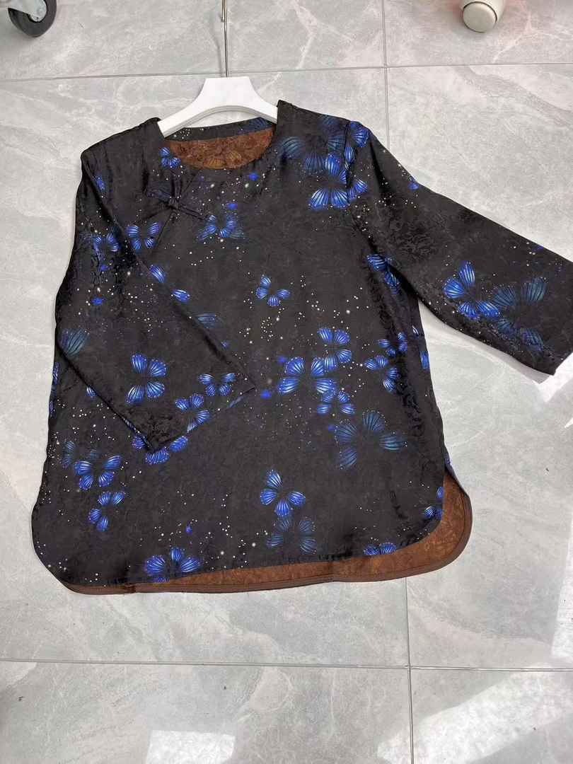 【设计师款】 香云纱黑蓝撞色设计感八分袖T恤夏季精致优雅上衣399