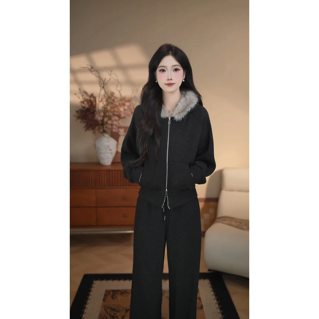 韩系气质加绒高级感卫衣裤子两件套套装