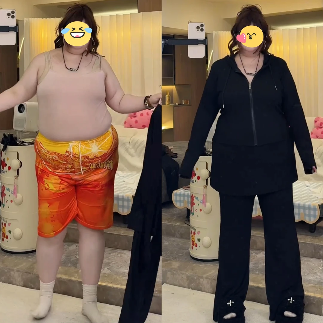 大码女装胖mm秋季收腰显瘦设计感连帽卫衣+裙摆喇叭裤两件套装女