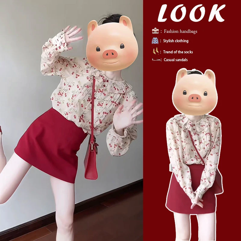 时尚穿搭一整套2025年新款韩版时尚碎花衬衫上衣红色短裙两件套装