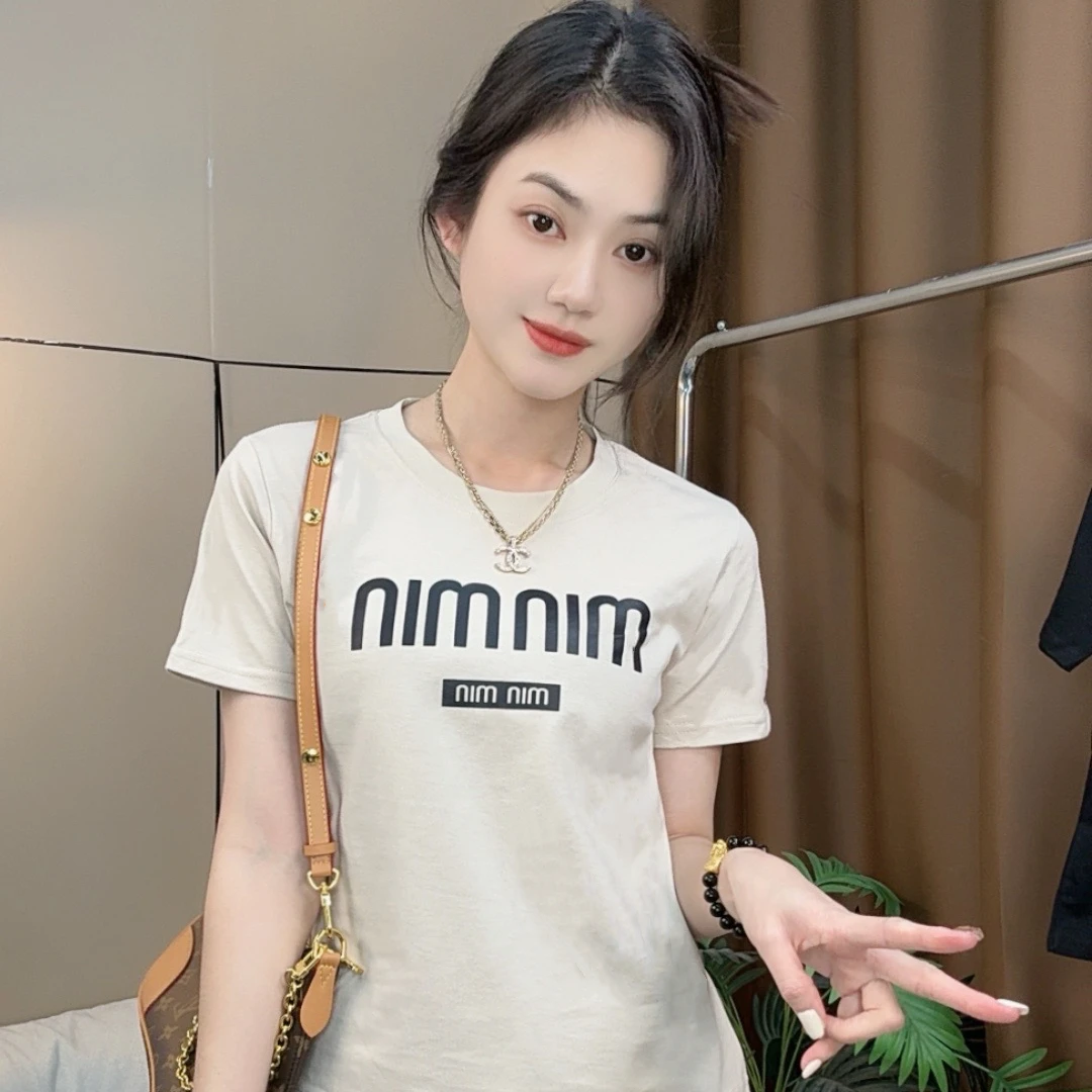 【姜姜推荐】2025纯棉短袖圆领字母印花修身显瘦T恤时尚百搭上衣
