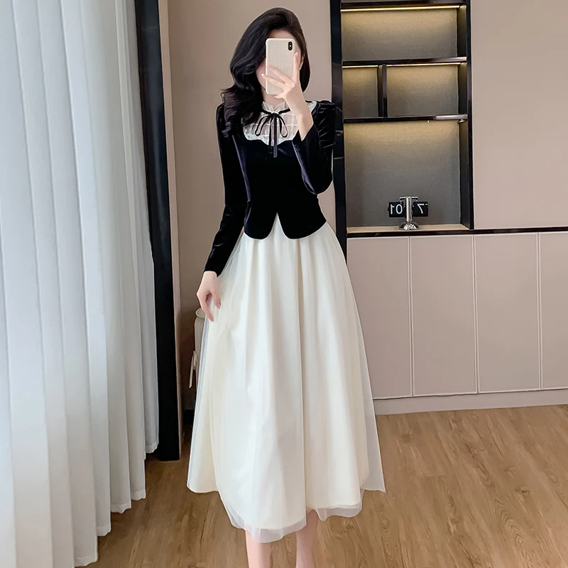 2025春季新品流光梦境法式复古千金风设计假两件气质丝绒纱连衣裙