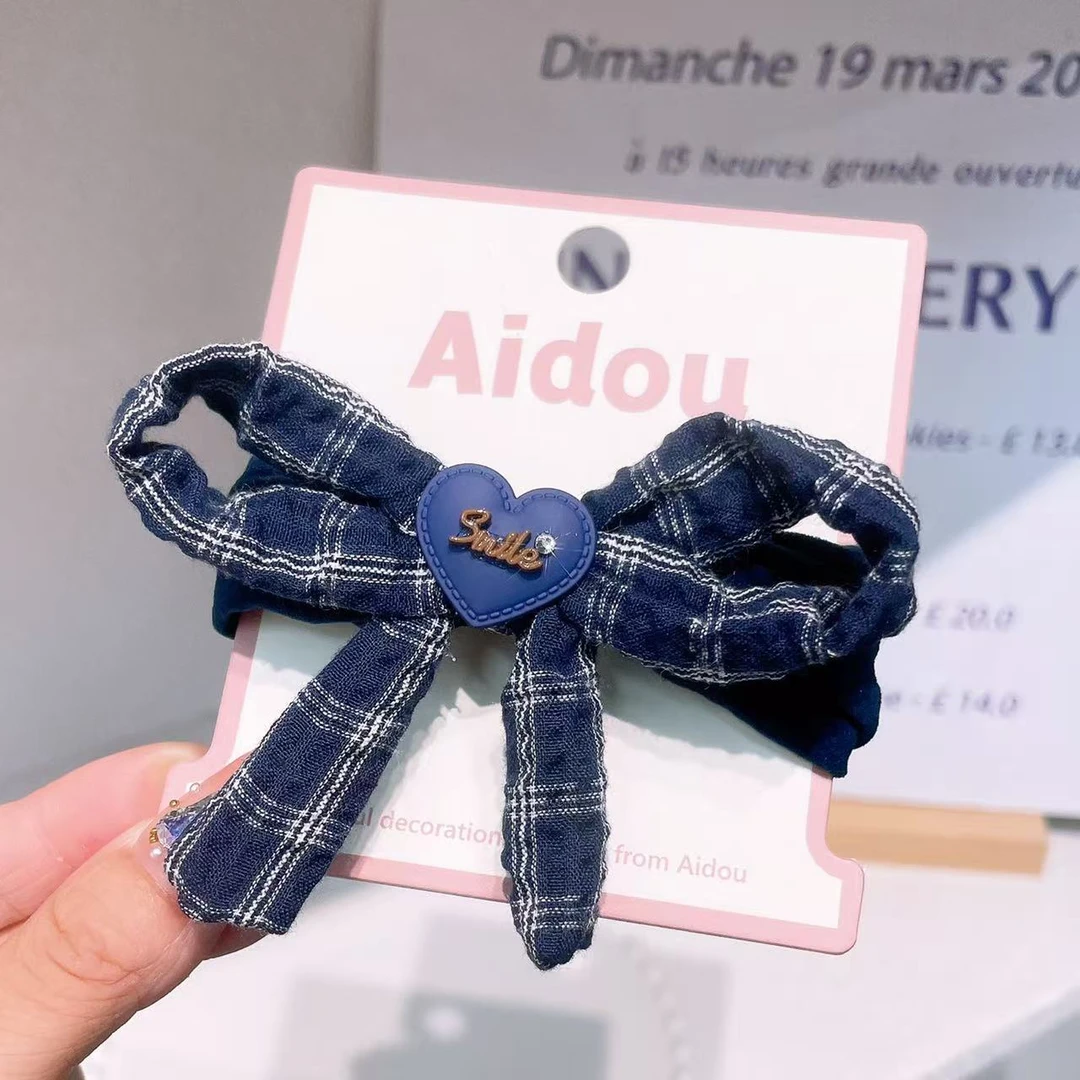 B-0677（满10米飞）1个蓝色格子爱心蝴蝶结面膜圈儿童成人马尾发绳