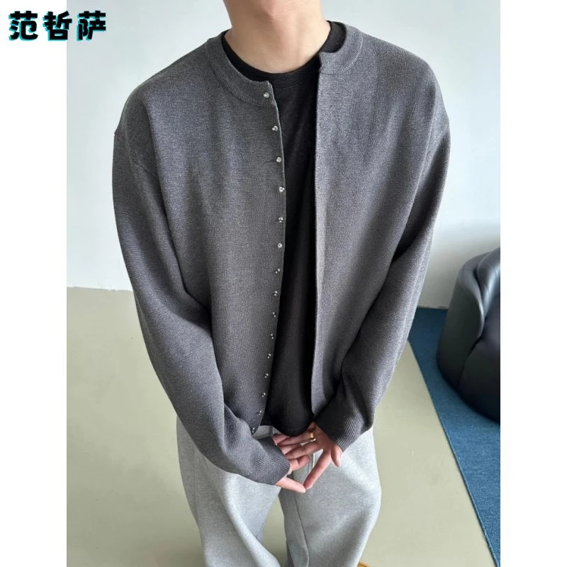 秋冬美式高级感金属钉扣门禁针织开衫毛衣外套男百搭廓形宽松上衣