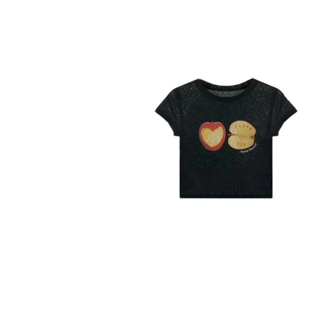 【苹果薄款】J9983天丝亚麻流行款卡通印花圆领短袖T恤潮流休闲上衣