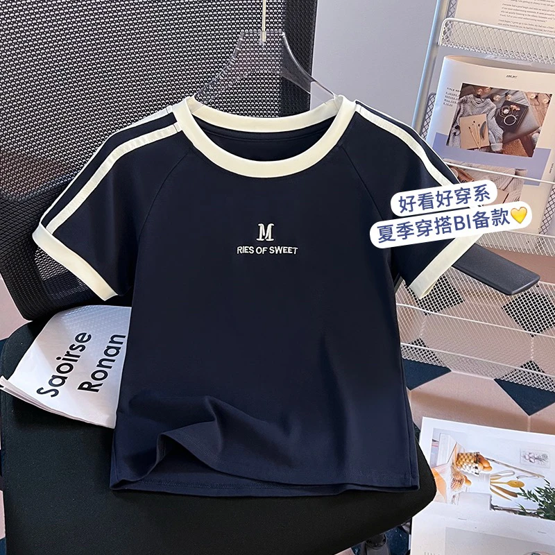 字母刺绣短袖T恤女2025夏季新款美式复古正肩短款上衣小个子