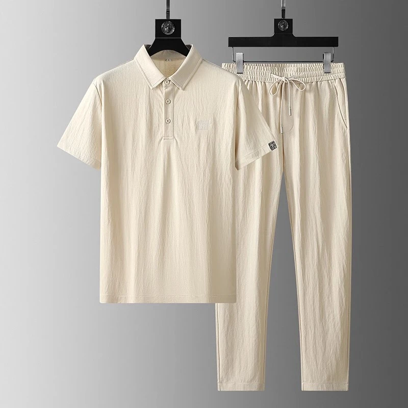 轻奢时尚新中国风元素 高端商务休闲套装男士简约翻领短袖两件套
