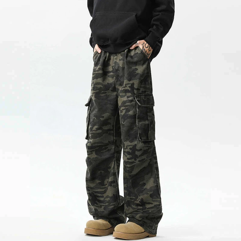 牛仔裤迷彩裤美式高街多口袋工装裤男潮牌复古阔腿裤弯刀裤百搭