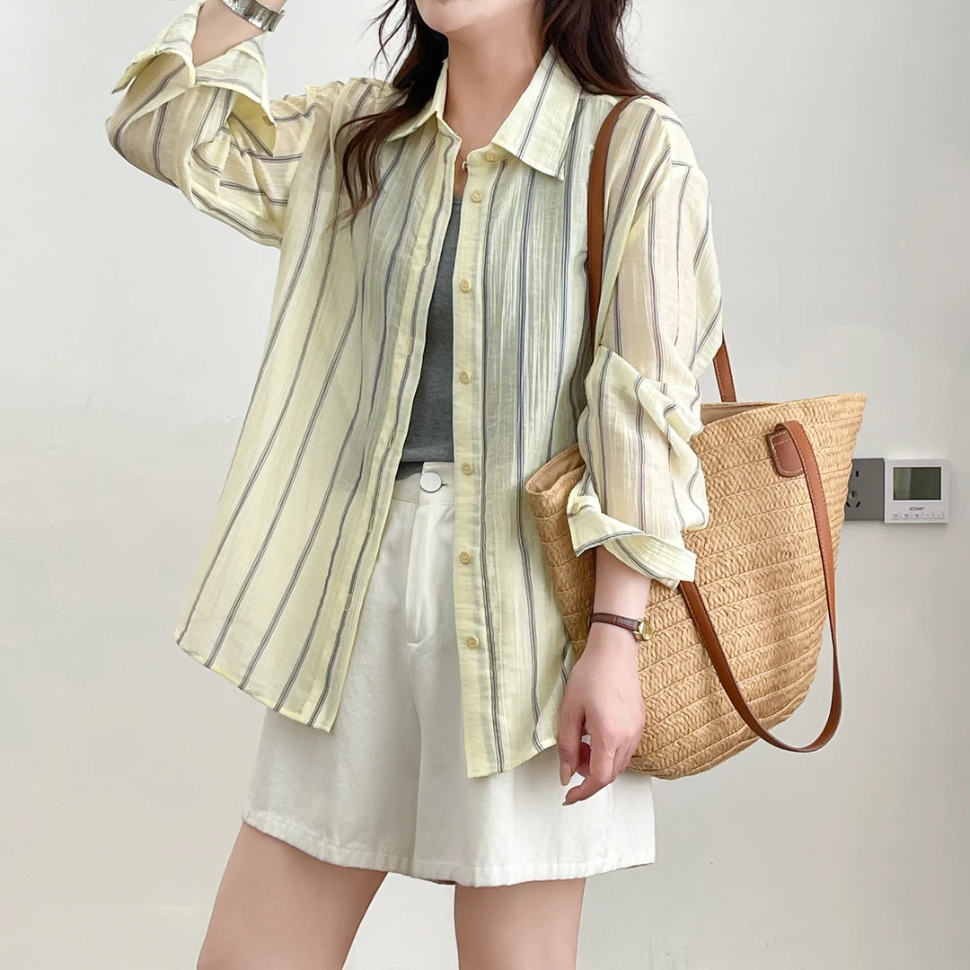 通勤百搭时尚显白条纹黄色天丝衬衫女2025夏季新款薄款凉感衬衣