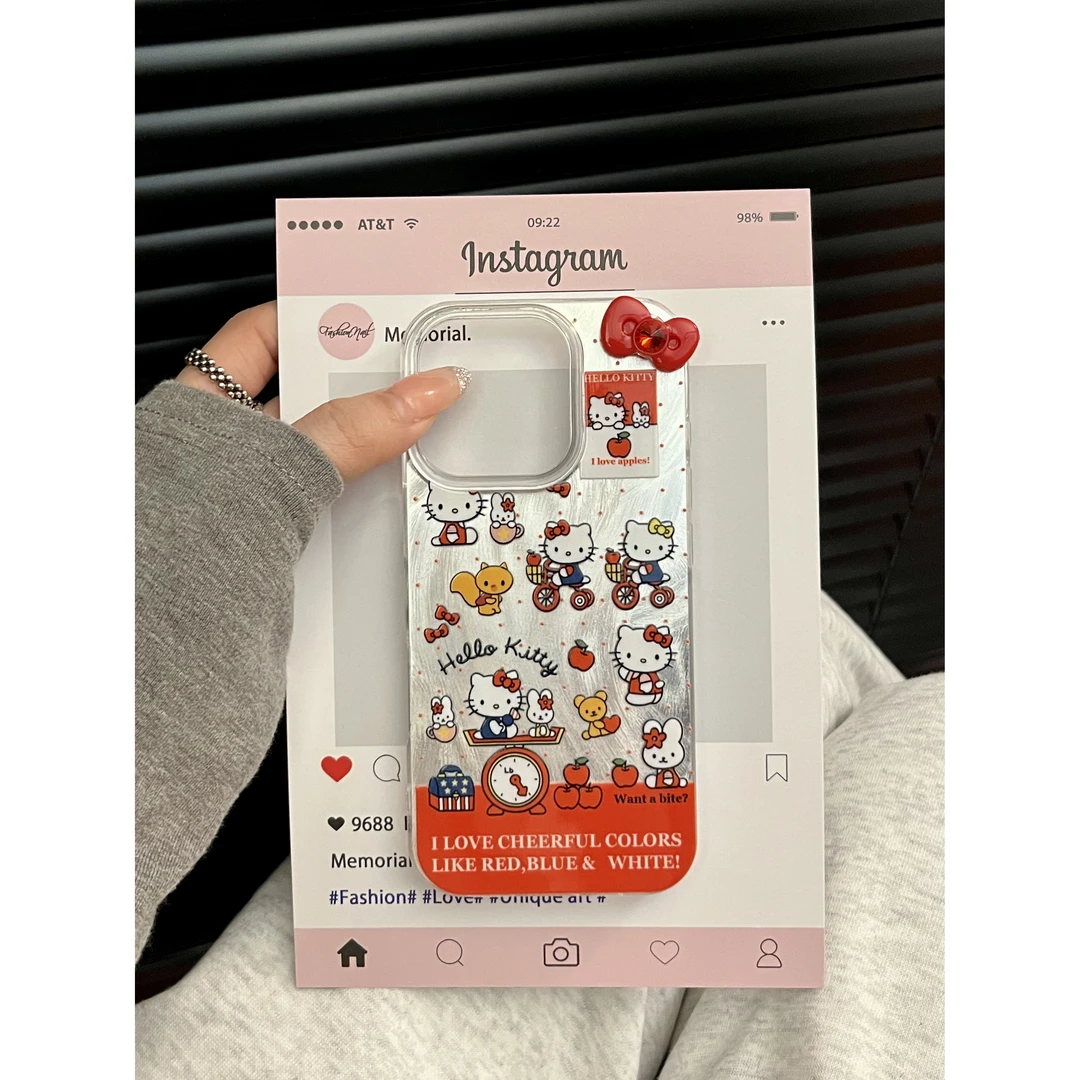 红色蝴蝶结KT猫适用苹果16promax手机壳华为小米oppo镭射防摔网红