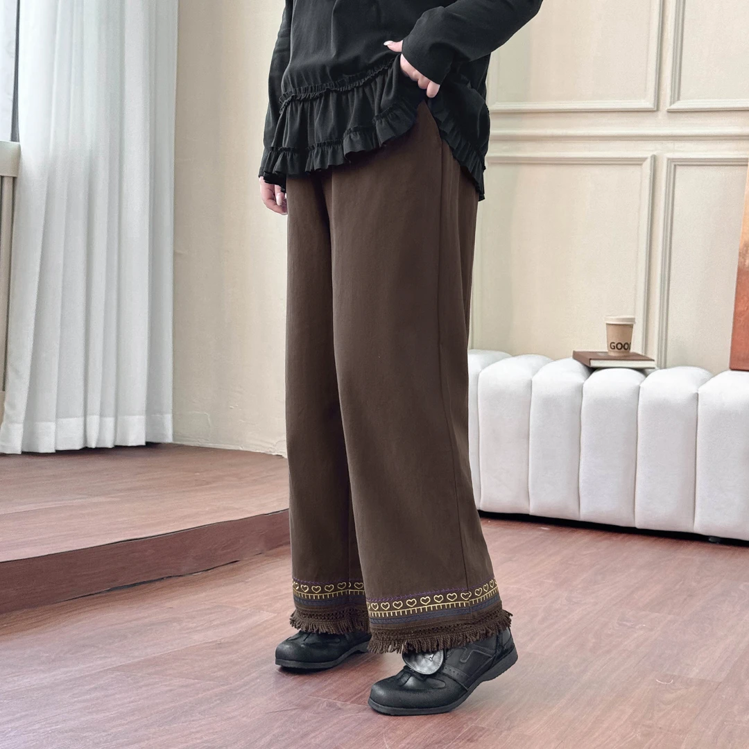 DC8196大码女装【三种裤长选】 复古刺绣流苏下摆休闲裤秋季阔腿裤