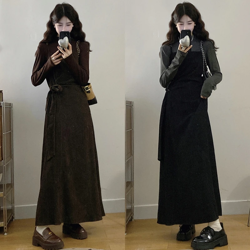 大码胖mm女装秋冬法式设计感系带复古气质高级吊带连衣裙套装女