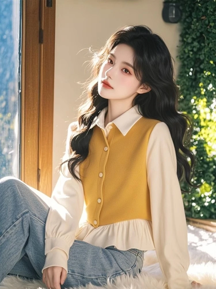 黄色假两件荷叶边衬衫女春季2025年新款韩系独特超好看设计感上衣