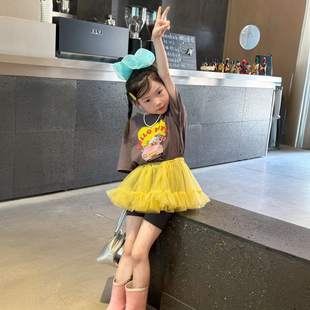 女童卡通印花短袖上衣2025夏季潮范女宝宝宽松休闲短裤纱裙三件套