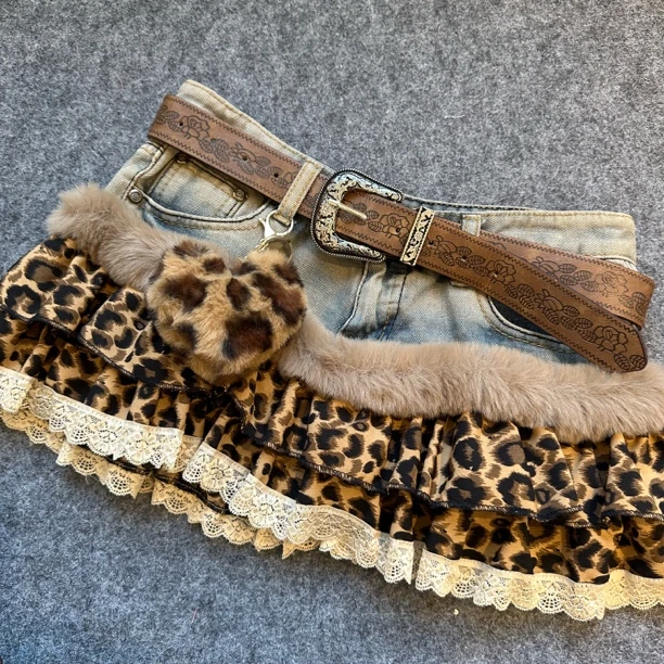 火火y2k“栗子焦糖”豹纹辣妹短裙（牛仔随机）古着微瑕-可洛丽塔裙撑