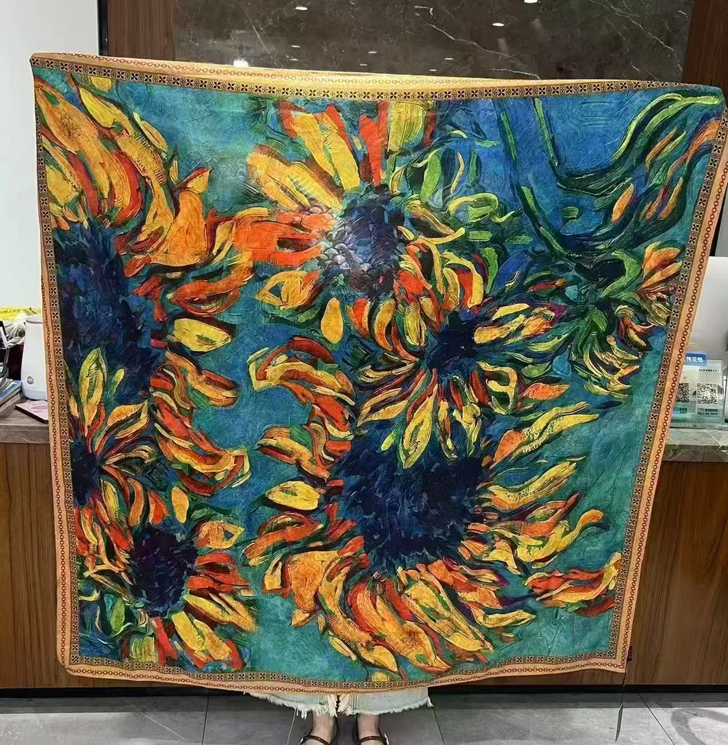 油画向日葵时尚龙鳞纹重工提花140*140方巾复古丝巾蓝色高档百搭