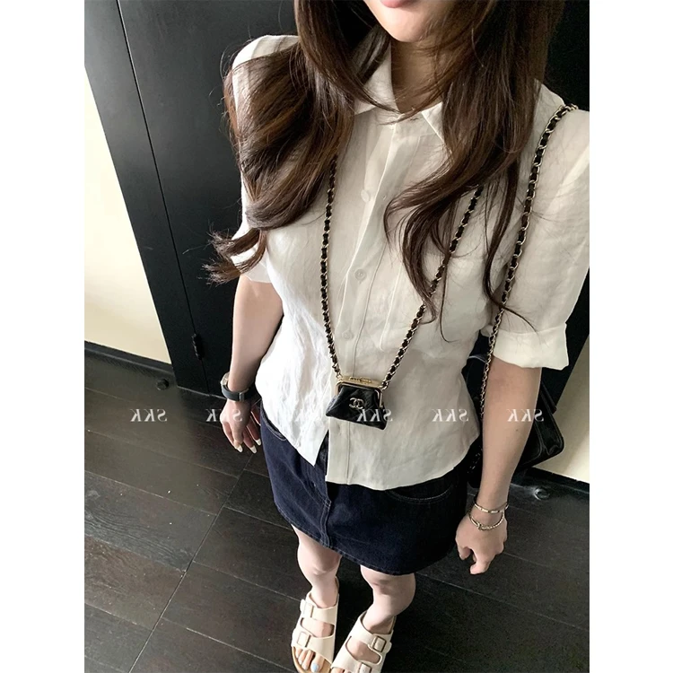 白色绑带衬衫女设计感2025夏季韩系修身显瘦亚麻衬衣中袖上衣外套