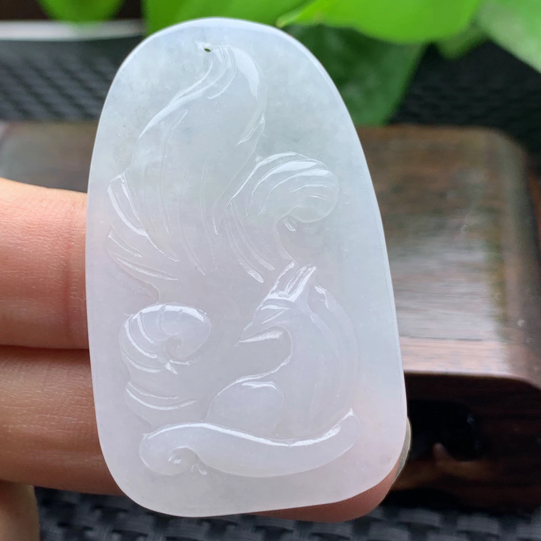 天然缅甸翡翠A货九尾狐吊坠冰润白色通透狐狸狐仙挂件项坠女士