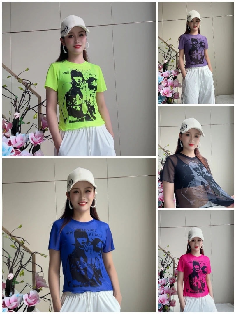 YT圆领7790常规网纱有弹力常规款短袖T恤休闲女士户外荡领ins风