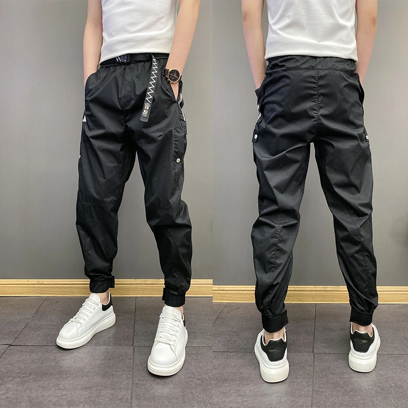 2025年秋季薄款宽松哈伦工装裤青年男士束脚黑色松紧腰痞帅休闲裤