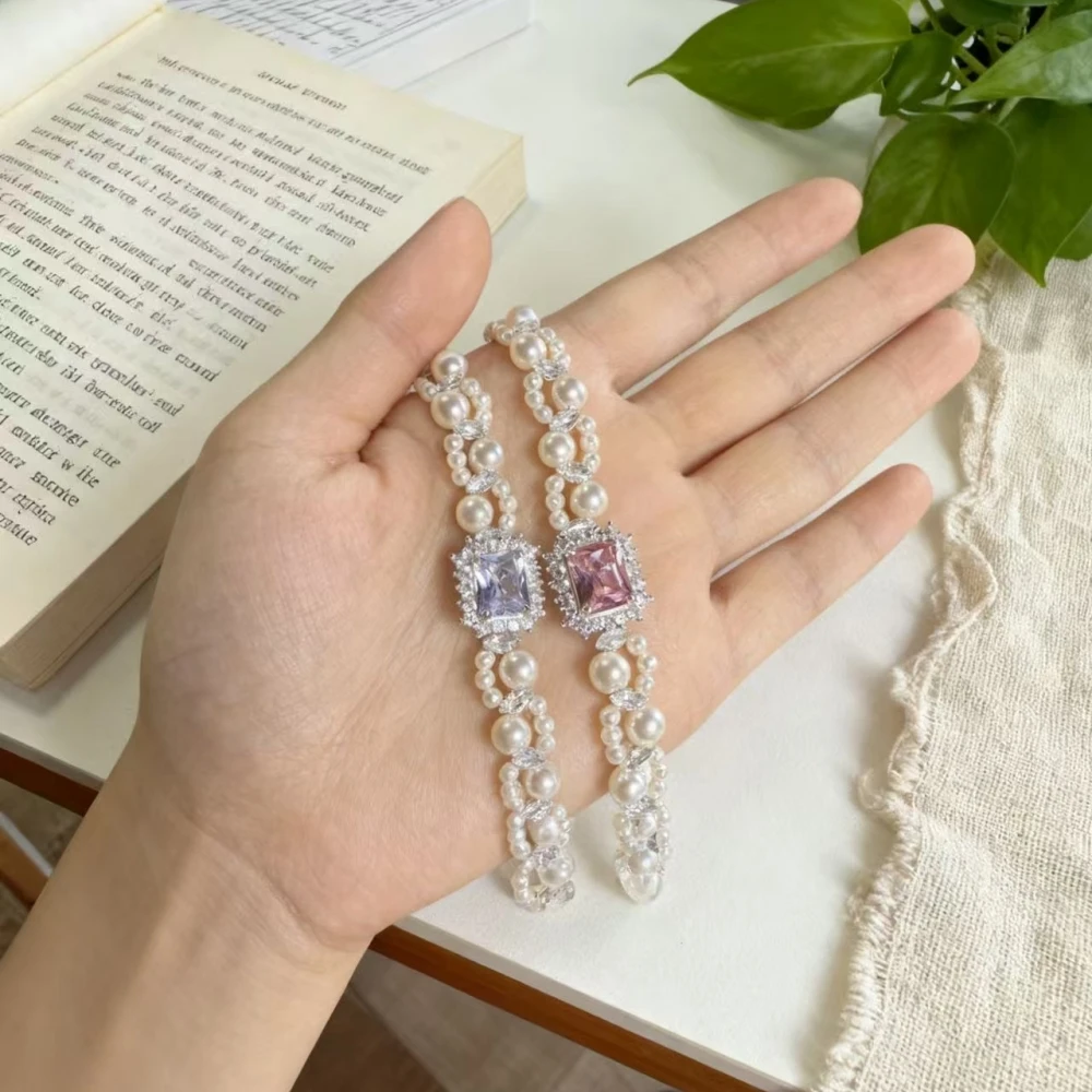 仿珍珠手链 重手工编织法式施家珍珠手链女方糖锆石闪钻原创设计