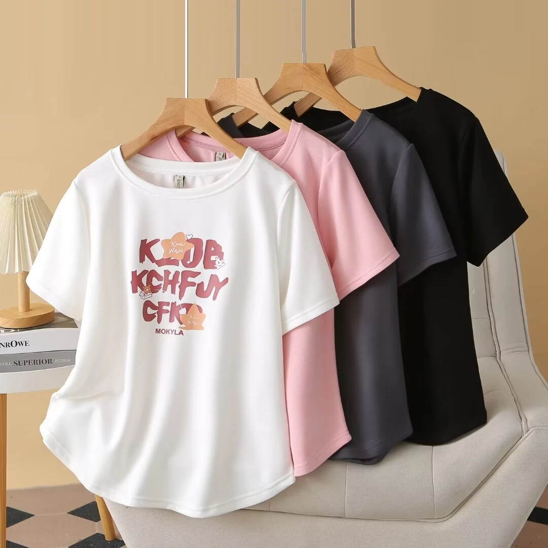 夏季大码新款显瘦时尚减龄宽松印花圆领短袖T恤9610