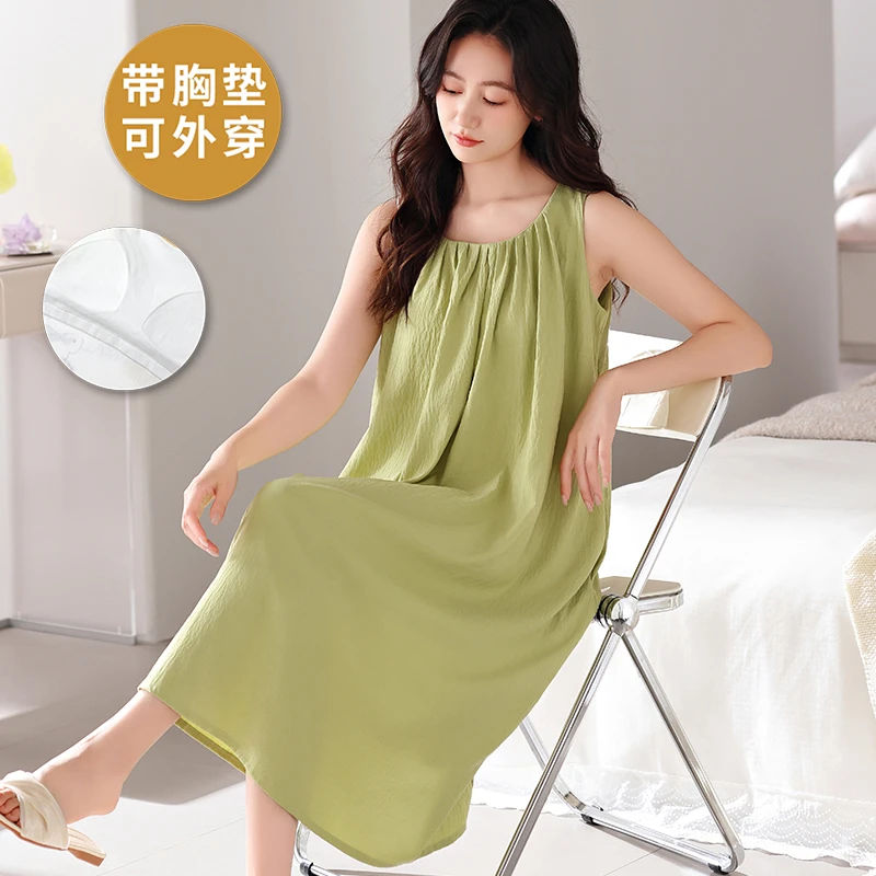 夏季无袖睡衣裙女可外穿纯欲风吊带中长款时尚带胸垫防凸点家居服
