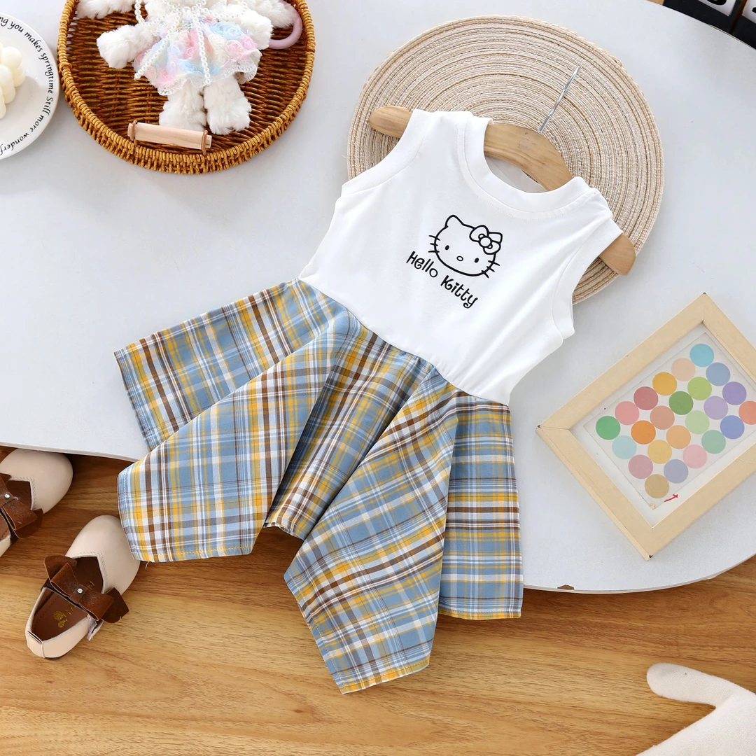 女童连衣裙薄款少女风格子夏季套装女孩时尚套头夏装