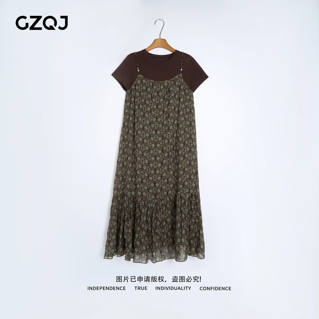 老琴私服【香榭记忆】欧若风天丝T恤100苎麻吊带连衣裙套装夏 29123