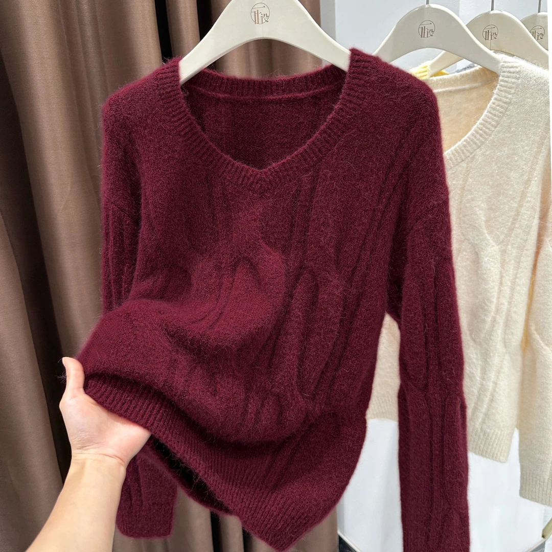 洋气轻奢红色休闲毛衣红色正肩V领套头长袖针织衫爆款打底上衣女