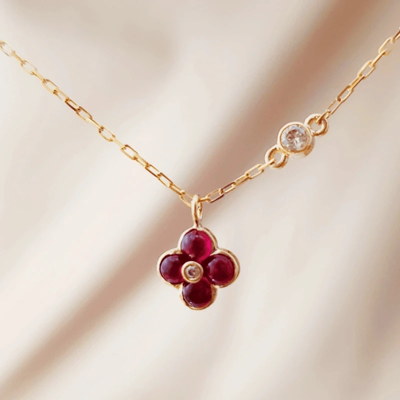 18K金红宝石四叶草钻石套链项链 经典气质 G6509