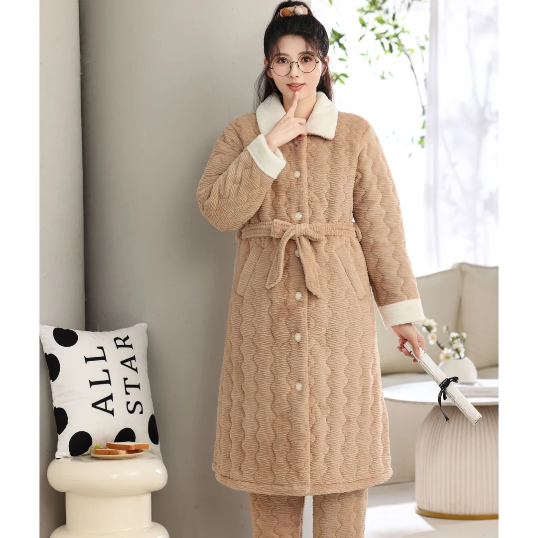 【气质款-三层夹棉加厚】冬季睡衣中长款套装睡衣翻领睡袍家居服