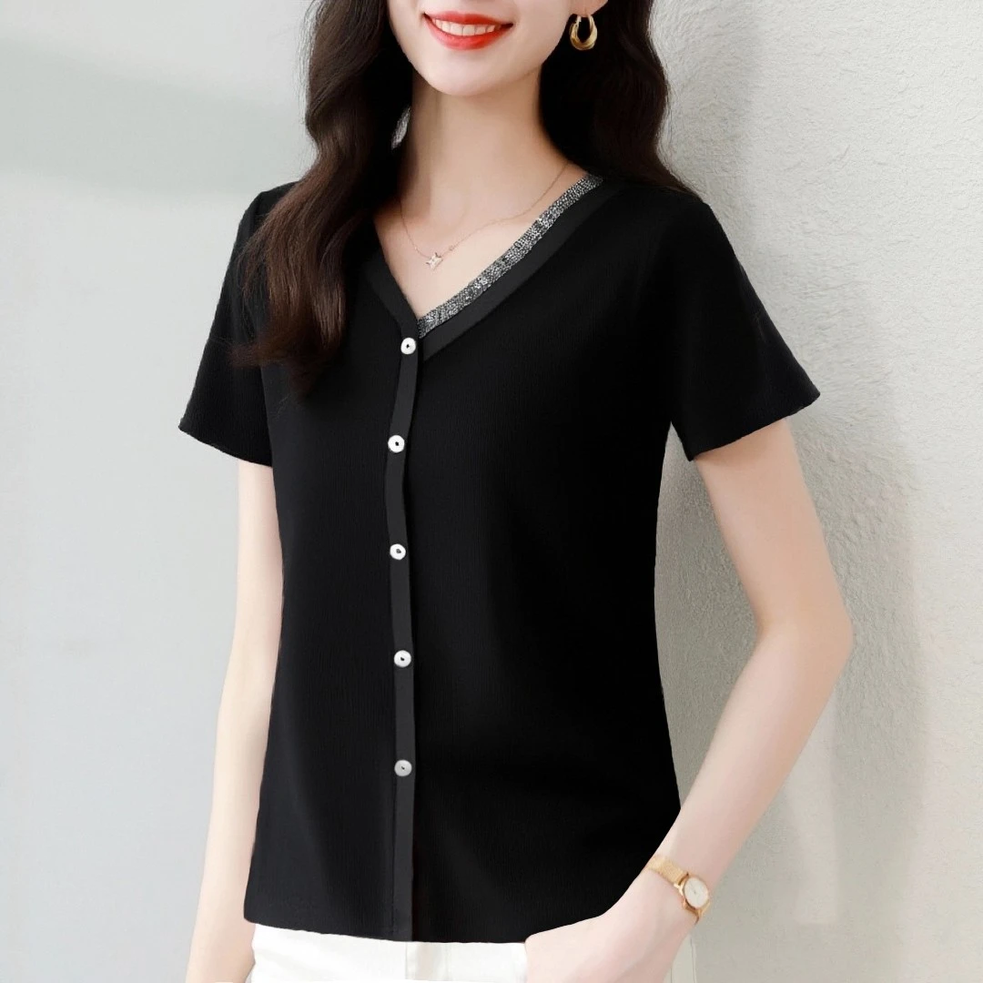 黑色v领显瘦短袖洋气t恤女夏季新款小个子遮肚子大码女装上衣体恤