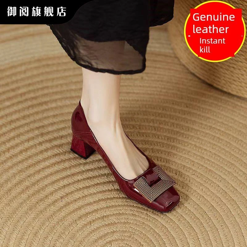 御阅方头女士高跟鞋不累脚2025秋新款法式惊艳时尚浅口鞋复古粗跟