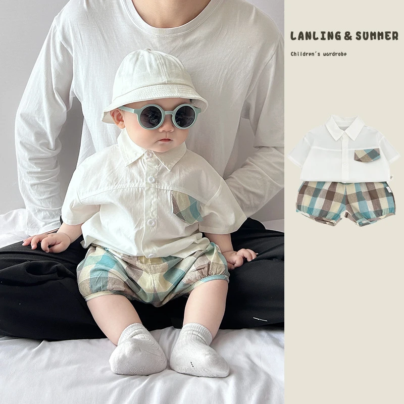 夏季婴儿周岁宝宝洋气时髦套装韩系男童Polo领衬衣格子短裤两件套
