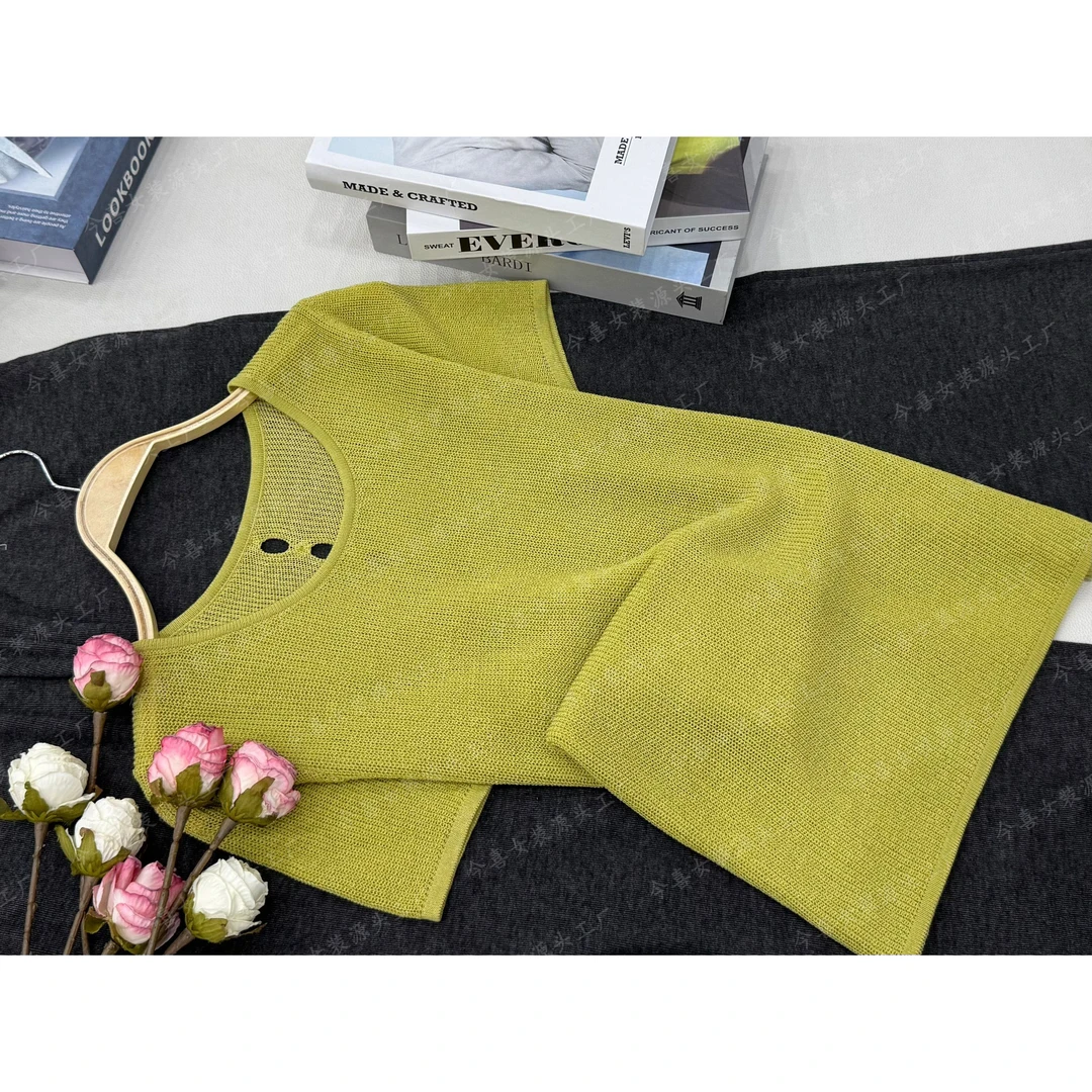 【黄绿色后背镂空】新款百搭时尚宽松短袖上衣QC2955