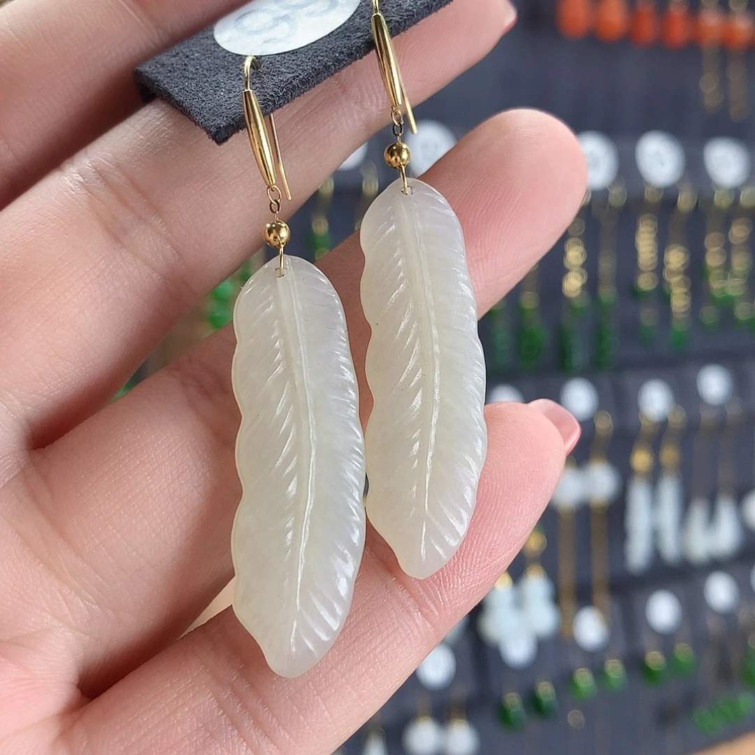 和田玉耳饰18K金镶嵌舌****笨99