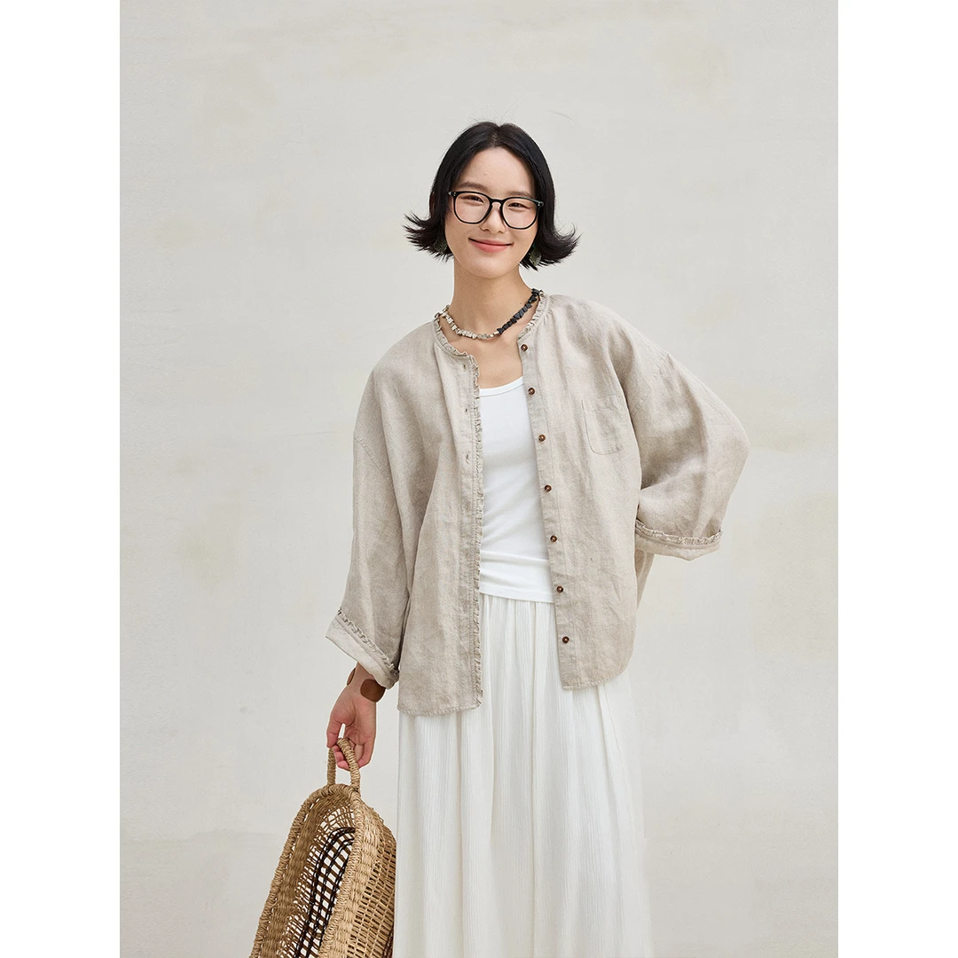 麻霖女装秋上新柞蚕丝亚麻雨露麻荷叶边拼接文艺休闲显瘦衬衫开衫